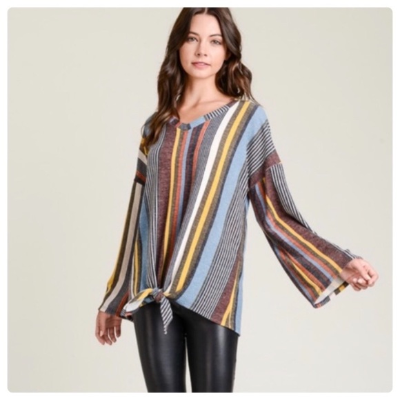 LAST ONE V Neck Striped Bell Sleeve Top - Picture 5 of 14